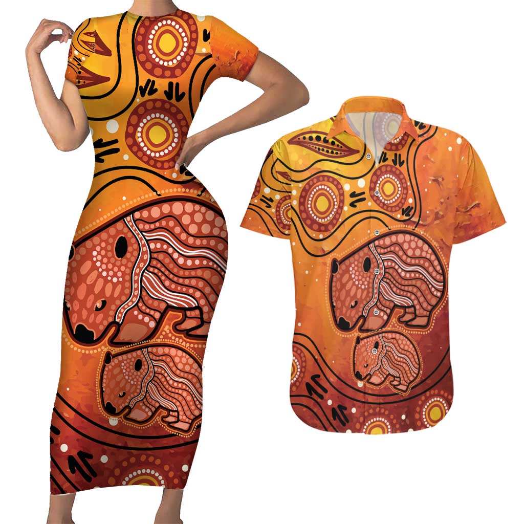 Australia Wombat Couples Matching Short Sleeve Bodycon Dress and Hawaiian Shirt Indigenous Art