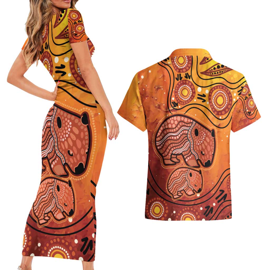 Australia Wombat Couples Matching Short Sleeve Bodycon Dress and Hawaiian Shirt Indigenous Art