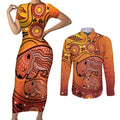 Australia Wombat Couples Matching Short Sleeve Bodycon Dress and Long Sleeve Button Shirt Indigenous Art