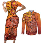 Australia Wombat Couples Matching Short Sleeve Bodycon Dress and Long Sleeve Button Shirt Indigenous Art