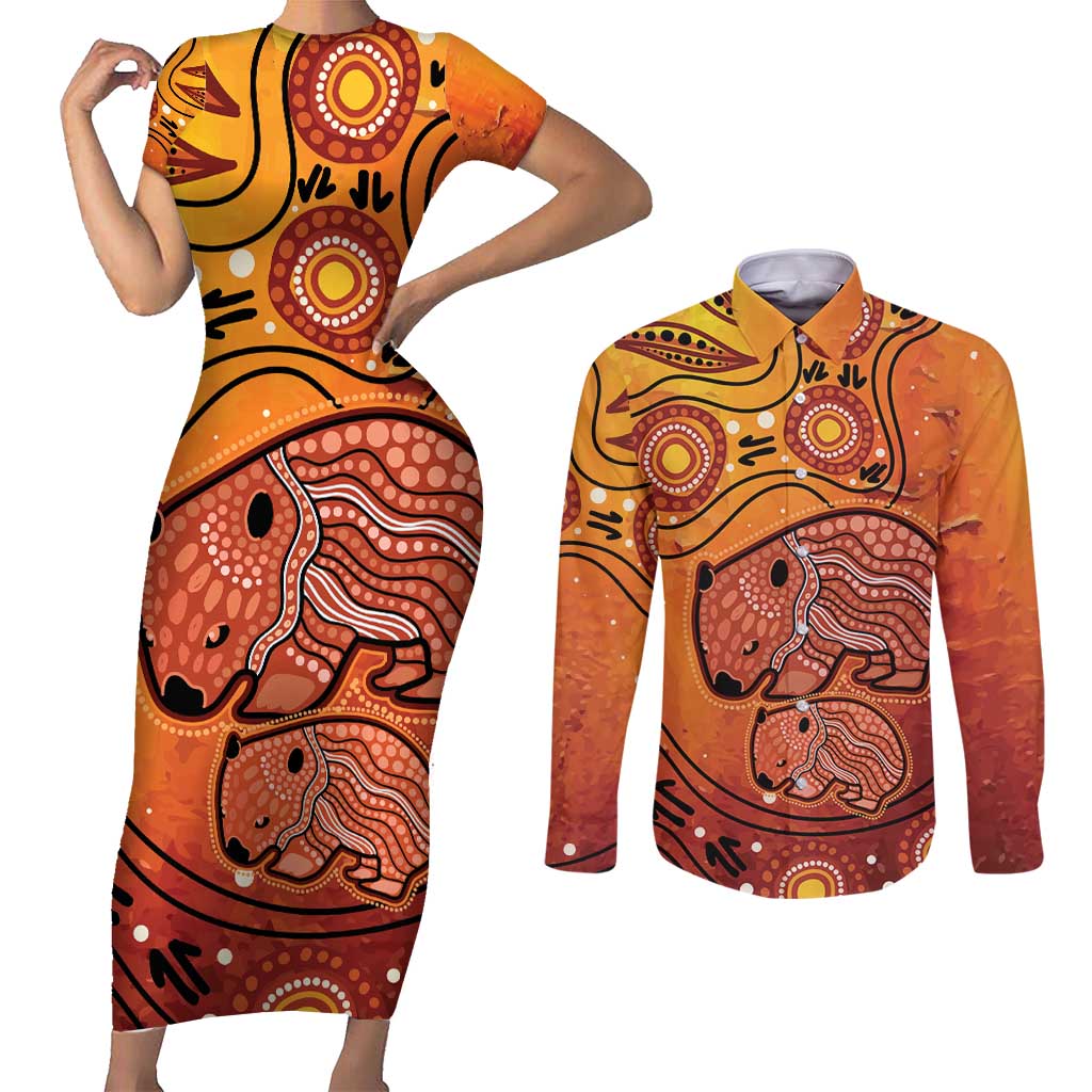 Australia Wombat Couples Matching Short Sleeve Bodycon Dress and Long Sleeve Button Shirt Indigenous Art