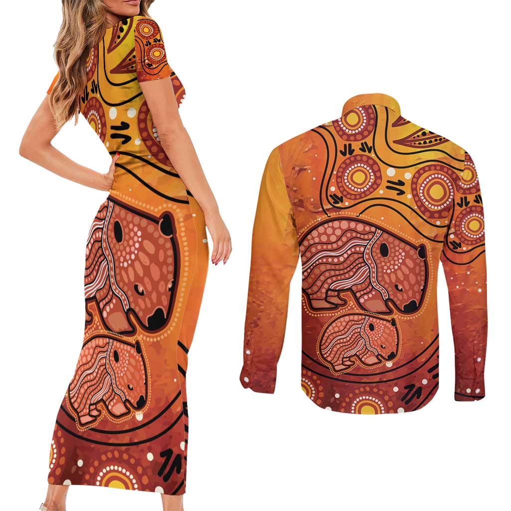Australia Wombat Couples Matching Short Sleeve Bodycon Dress and Long Sleeve Button Shirt Indigenous Art