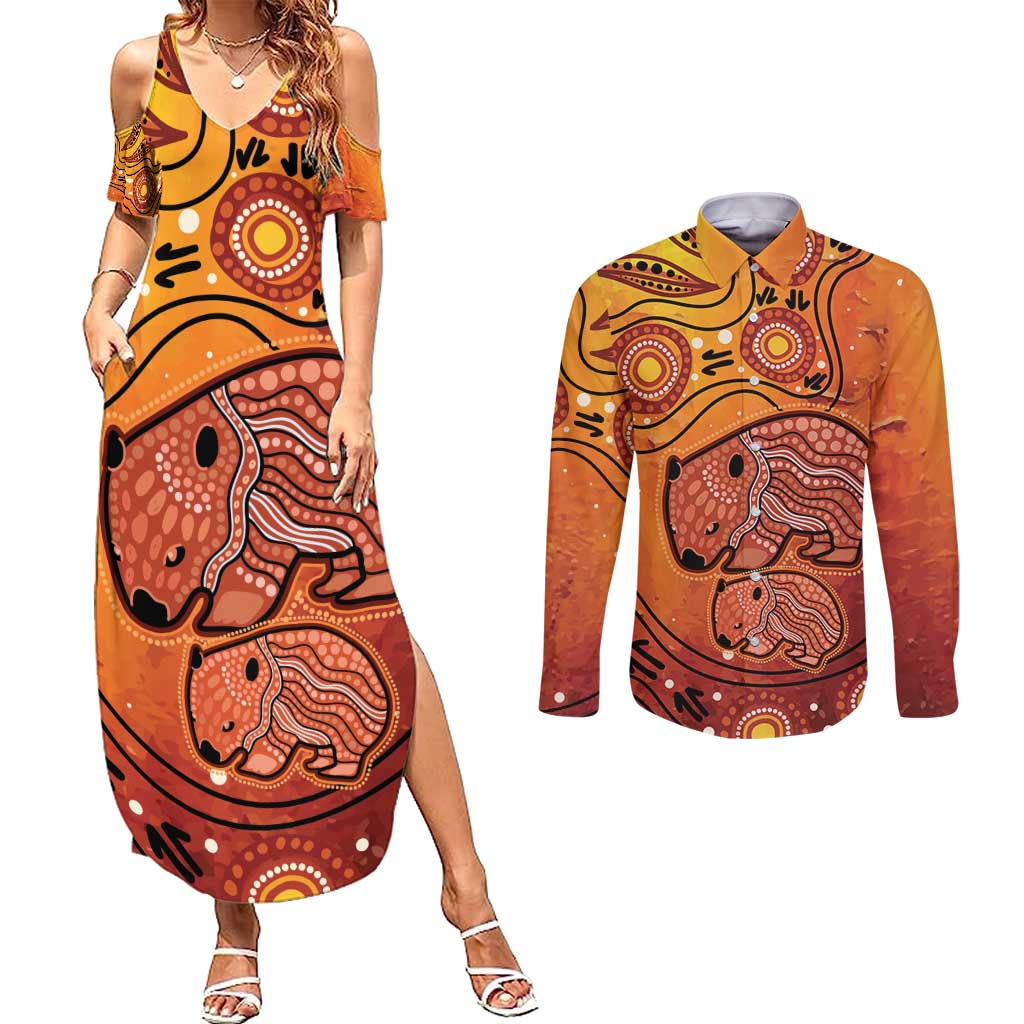 Australia Wombat Couples Matching Summer Maxi Dress and Long Sleeve Button Shirt Indigenous Art