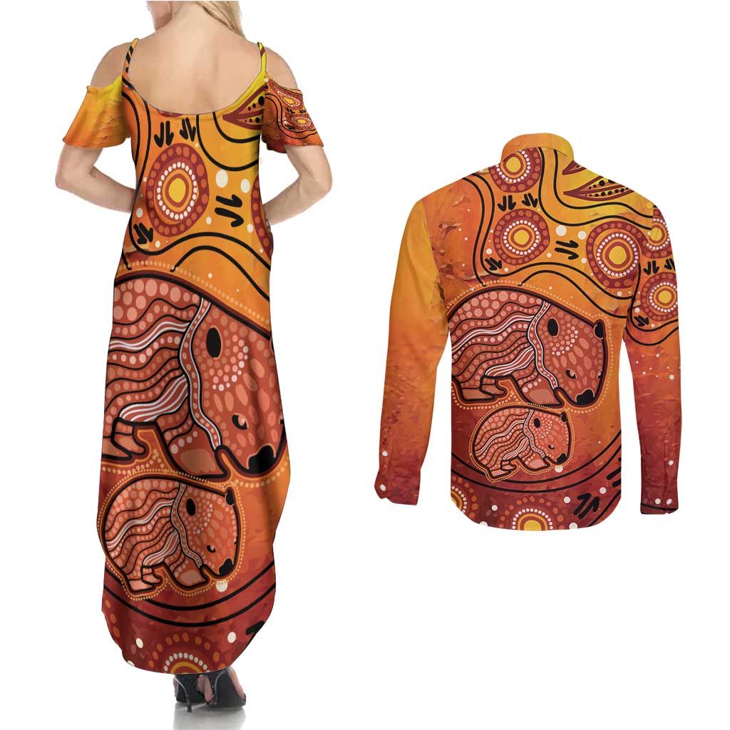 Australia Wombat Couples Matching Summer Maxi Dress and Long Sleeve Button Shirt Indigenous Art