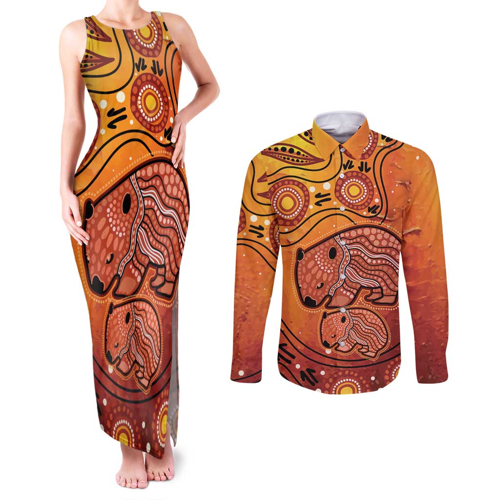 Australia Wombat Couples Matching Tank Maxi Dress and Long Sleeve Button Shirt Indigenous Art