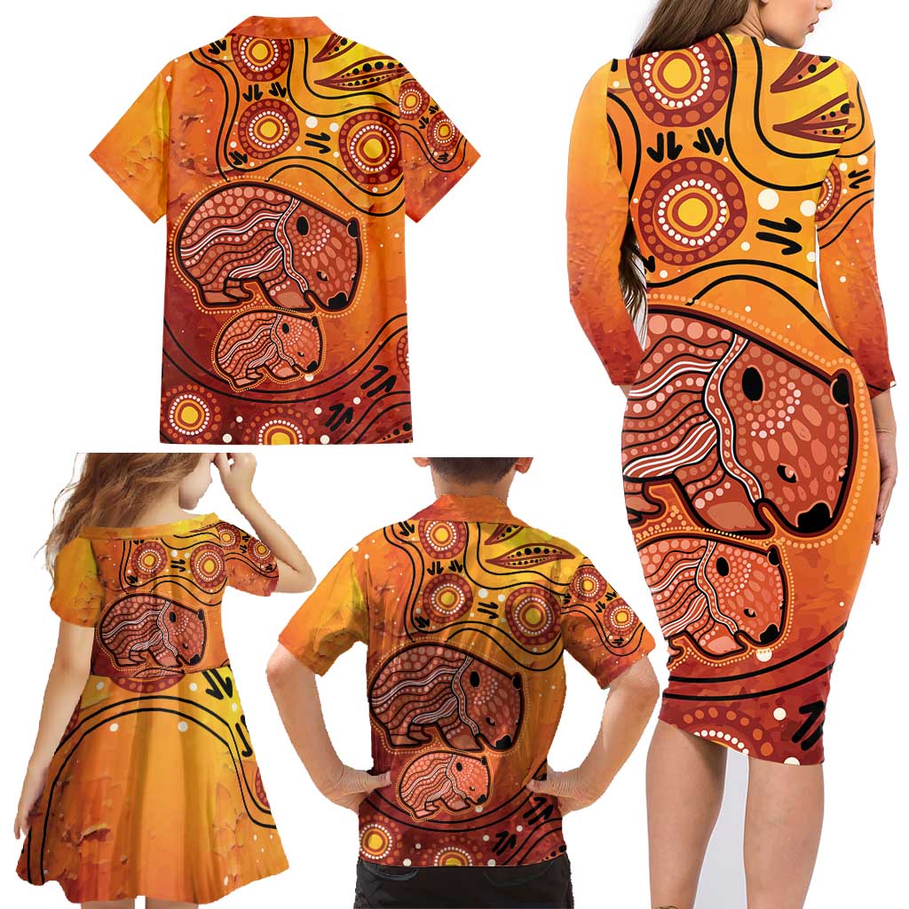 Australia Wombat Family Matching Long Sleeve Bodycon Dress and Hawaiian Shirt Indigenous Art