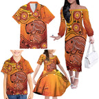 Australia Wombat Family Matching Off The Shoulder Long Sleeve Dress and Hawaiian Shirt Indigenous Art