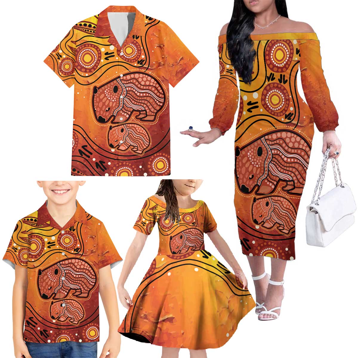 Australia Wombat Family Matching Off The Shoulder Long Sleeve Dress and Hawaiian Shirt Indigenous Art