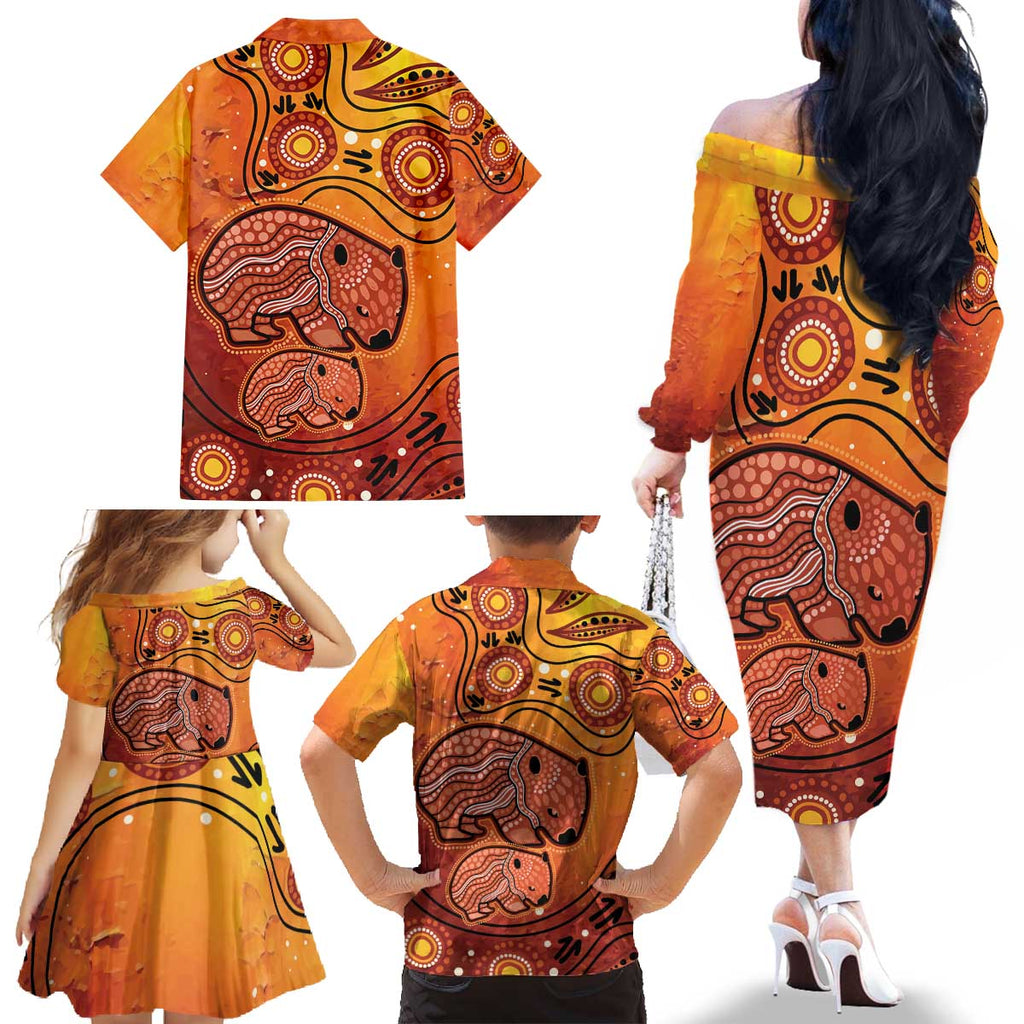 Australia Wombat Family Matching Off The Shoulder Long Sleeve Dress and Hawaiian Shirt Indigenous Art