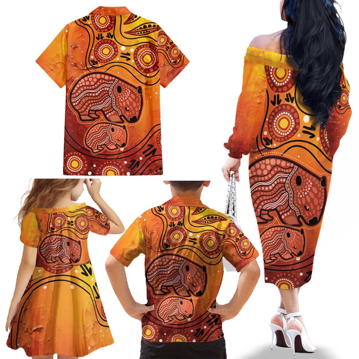 Australia Wombat Family Matching Off The Shoulder Long Sleeve Dress and Hawaiian Shirt Indigenous Art