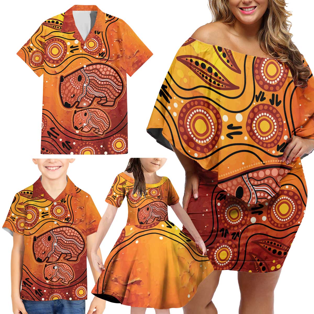 Australia Wombat Family Matching Off Shoulder Short Dress and Hawaiian Shirt Indigenous Art