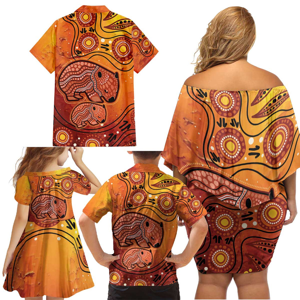 Australia Wombat Family Matching Off Shoulder Short Dress and Hawaiian Shirt Indigenous Art