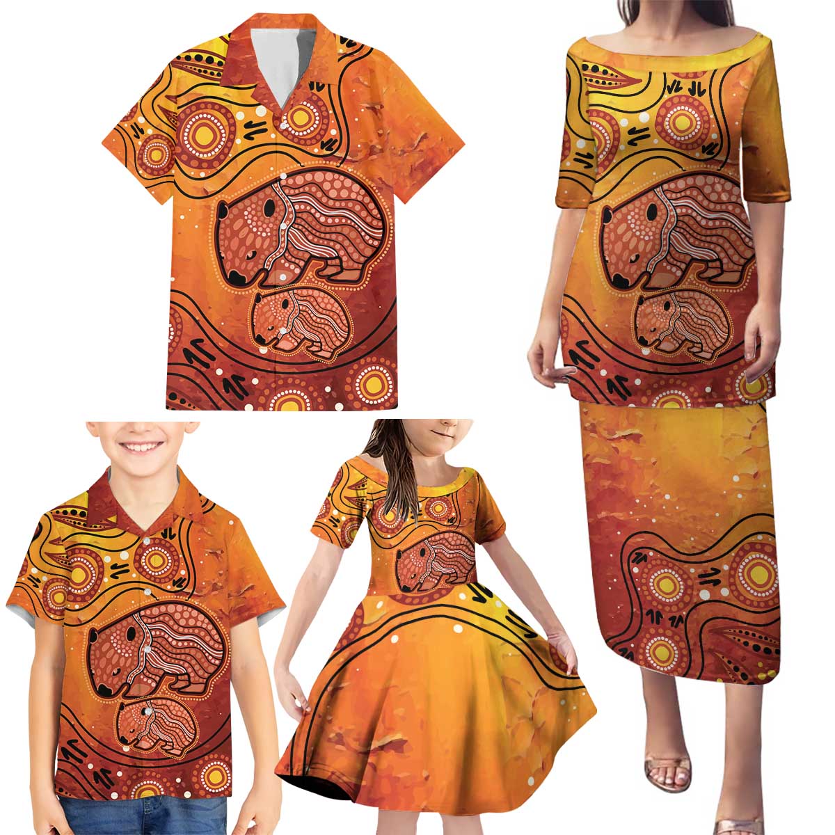 Australia Wombat Family Matching Puletasi and Hawaiian Shirt Indigenous Art