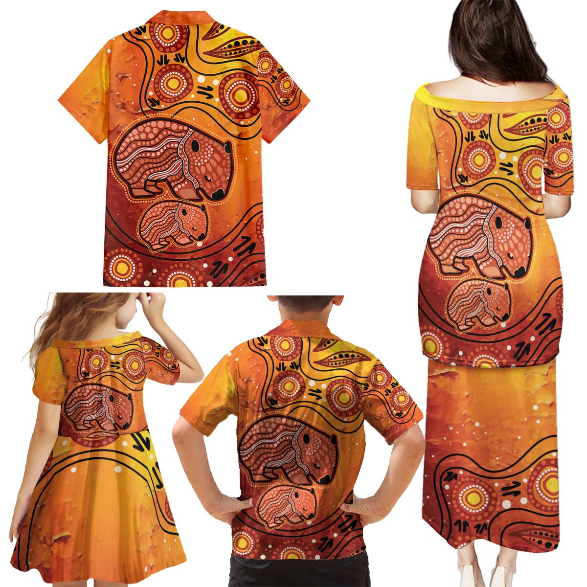 Australia Wombat Family Matching Puletasi and Hawaiian Shirt Indigenous Art