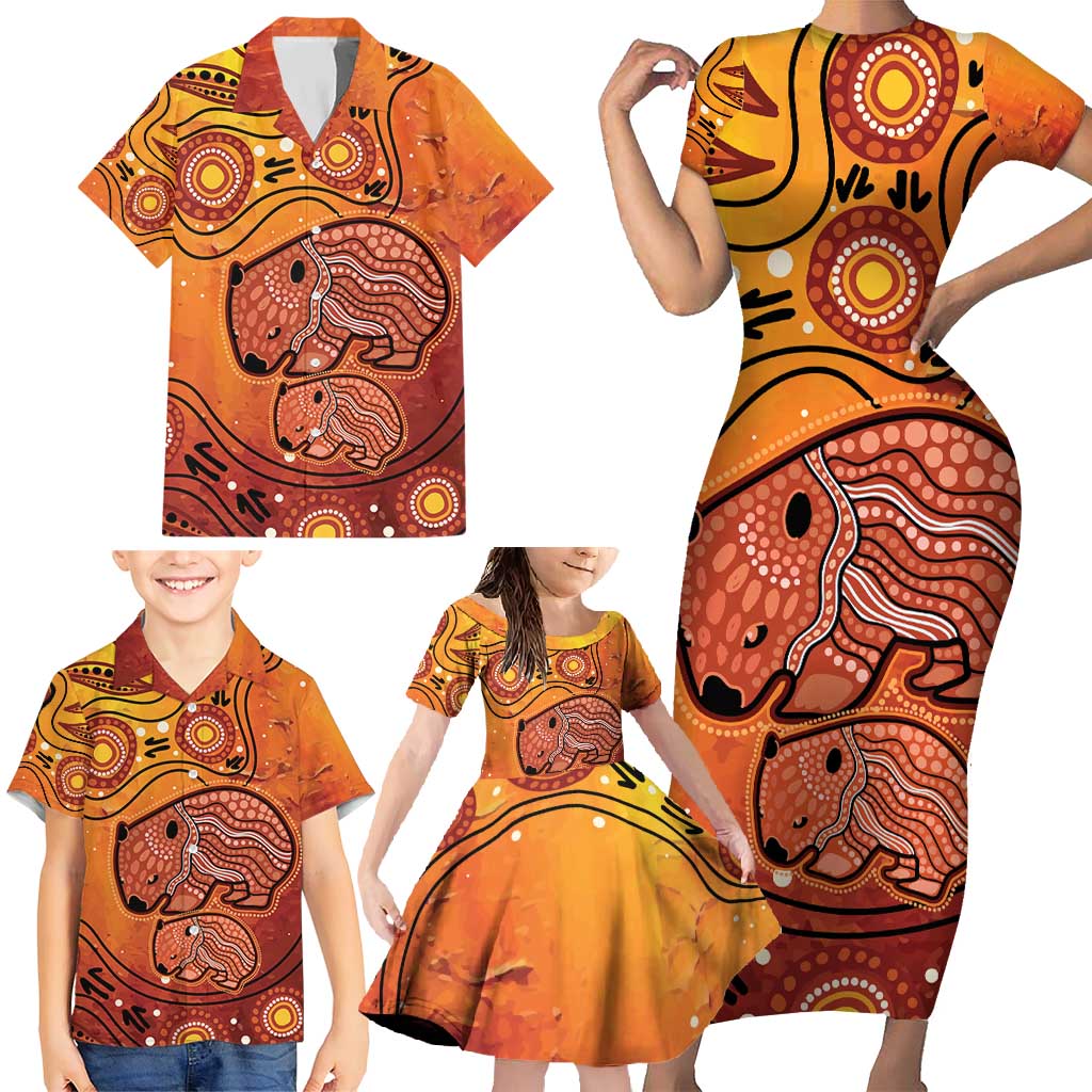 Australia Wombat Family Matching Short Sleeve Bodycon Dress and Hawaiian Shirt Indigenous Art