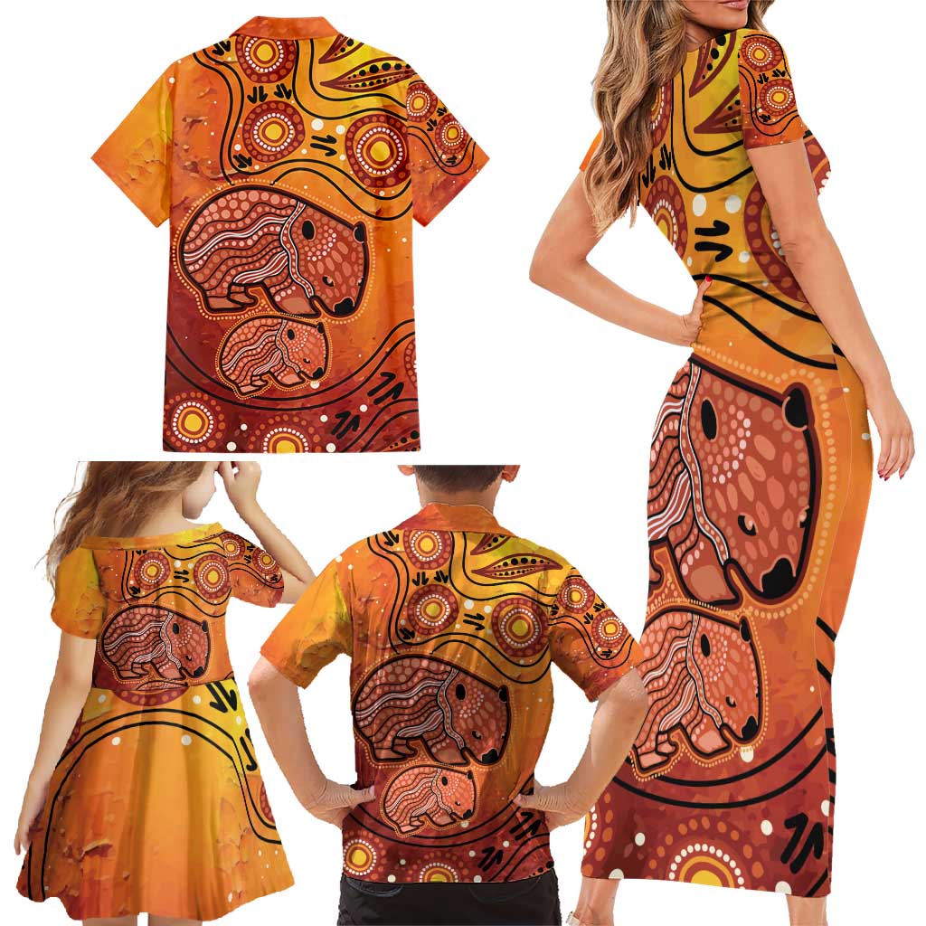 Australia Wombat Family Matching Short Sleeve Bodycon Dress and Hawaiian Shirt Indigenous Art