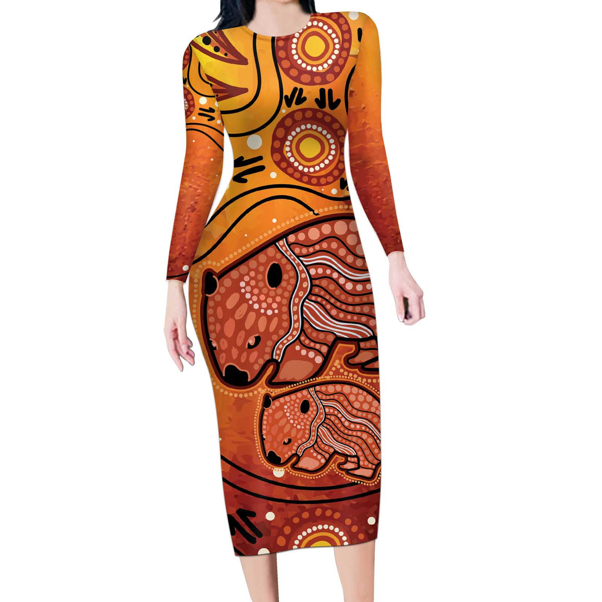 Australia Wombat Long Sleeve Bodycon Dress Indigenous Art