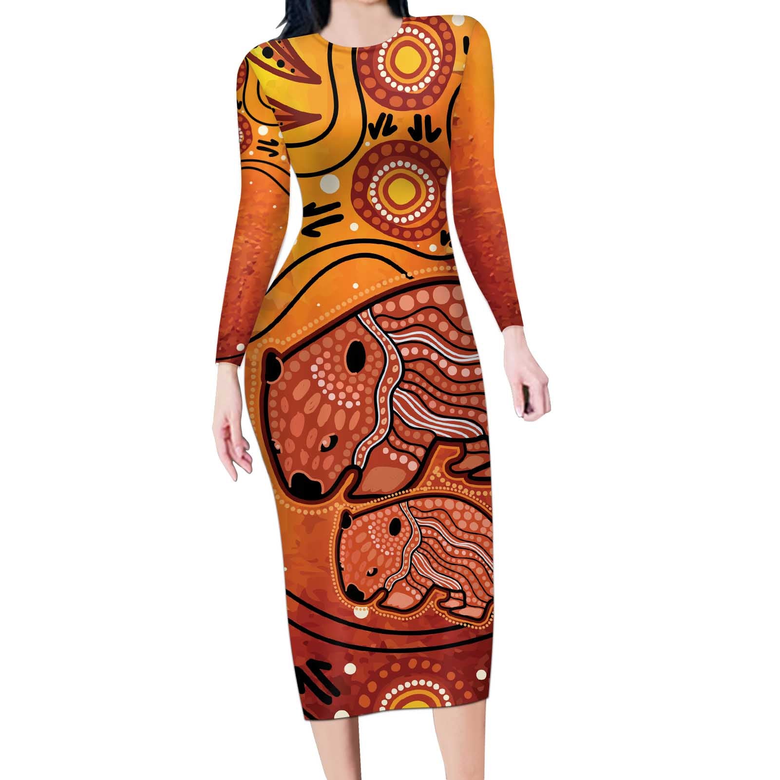 Australia Wombat Long Sleeve Bodycon Dress Indigenous Art