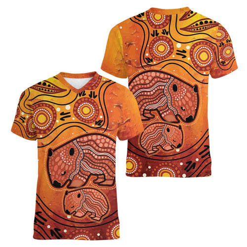 Australia Wombat Women V-Neck T-Shirt Indigenous Art