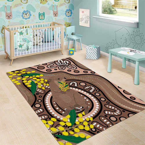 Australia Cute Quokka Area Rug Indigenous Art With Golden Wattle