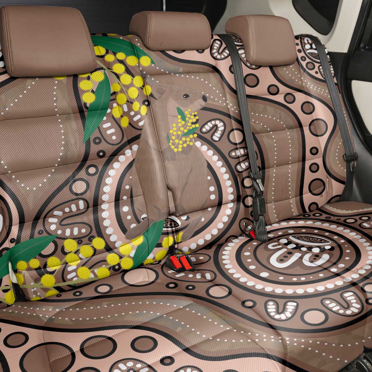 Australia Cute Quokka Back Car Seat Cover Indigenous Art With Golden Wattle