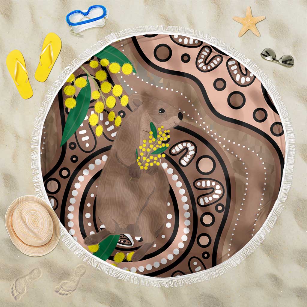 Australia Cute Quokka Beach Blanket Indigenous Art With Golden Wattle