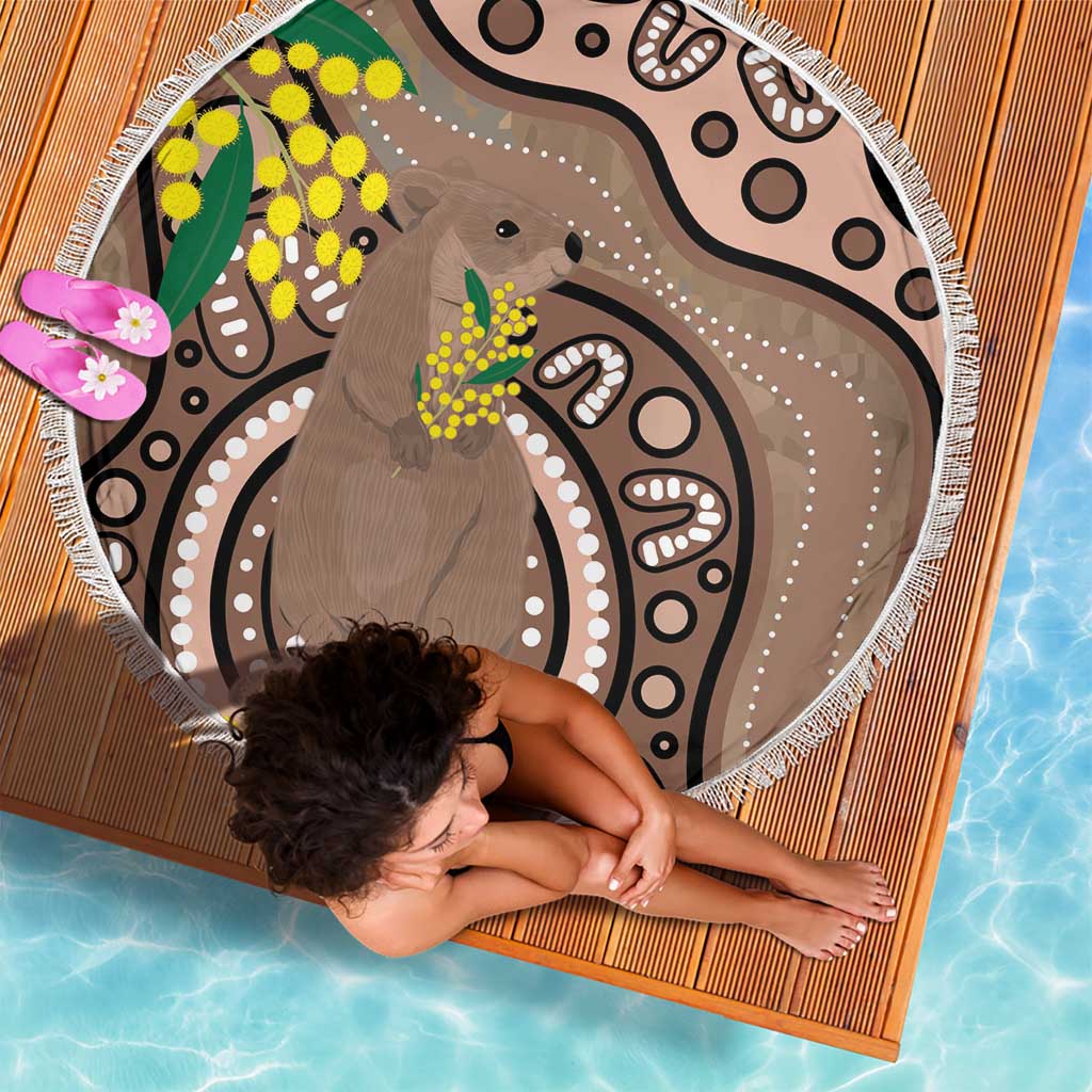 Australia Cute Quokka Beach Blanket Indigenous Art With Golden Wattle