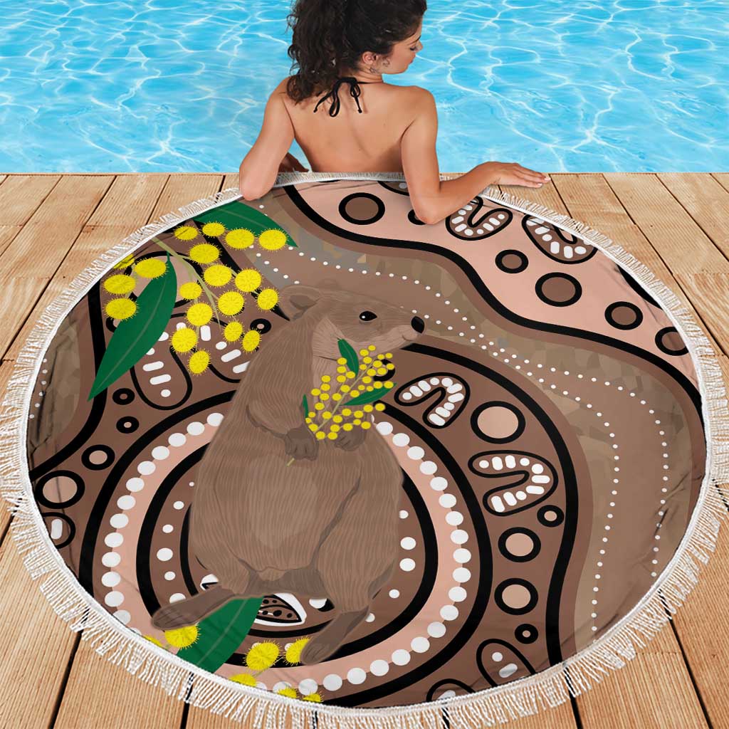 Australia Cute Quokka Beach Blanket Indigenous Art With Golden Wattle