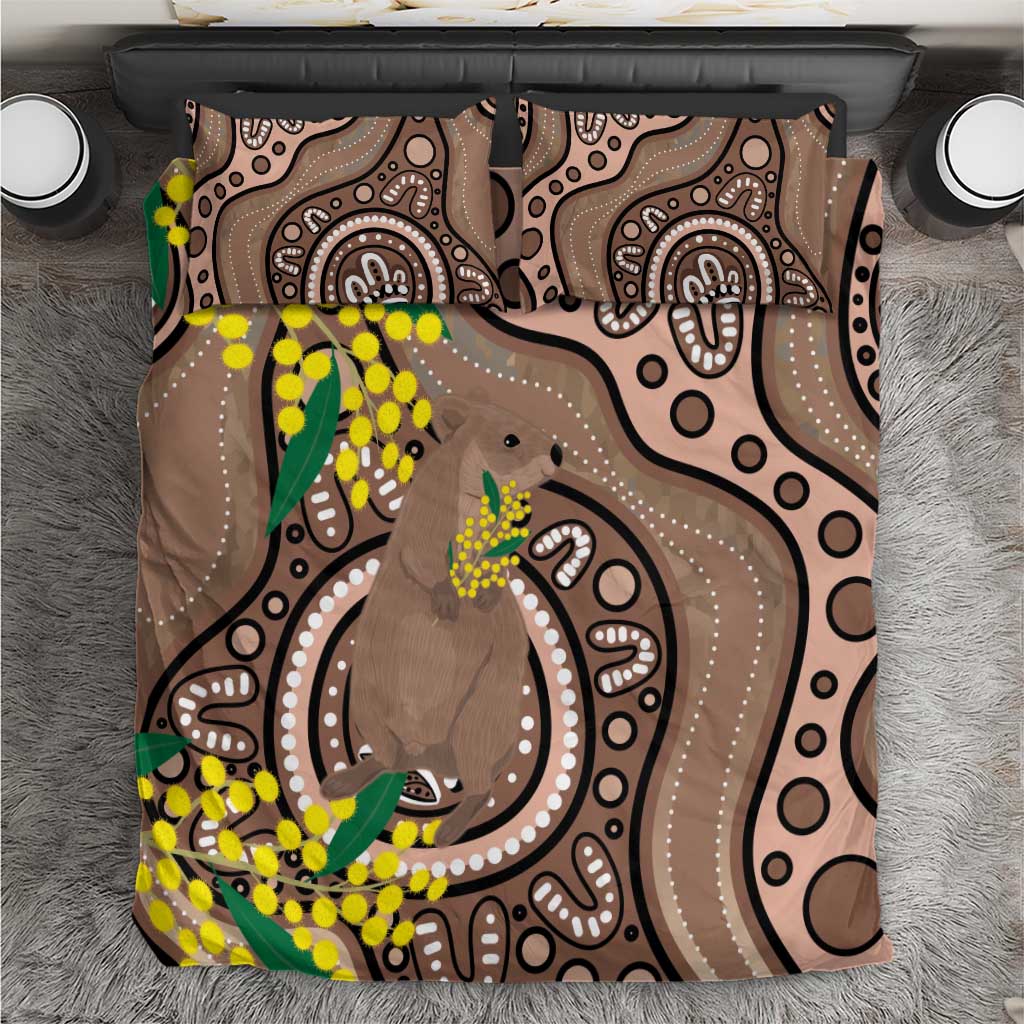 Australia Cute Quokka Bedding Set Indigenous Art With Golden Wattle