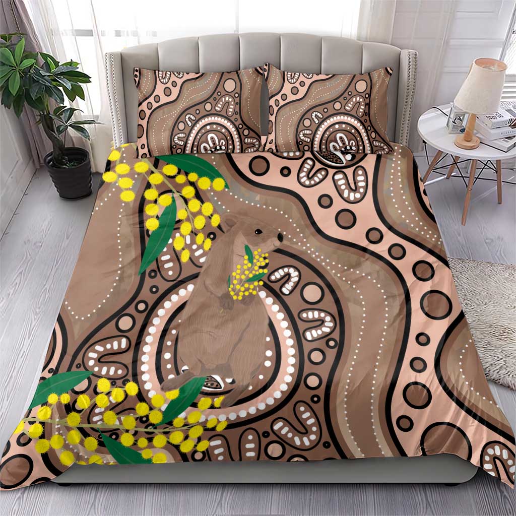 Australia Cute Quokka Bedding Set Indigenous Art With Golden Wattle