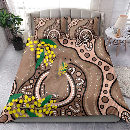 Australia Cute Quokka Bedding Set Indigenous Art With Golden Wattle