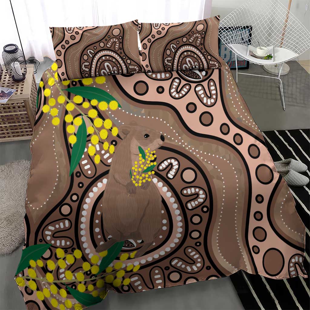 Australia Cute Quokka Bedding Set Indigenous Art With Golden Wattle