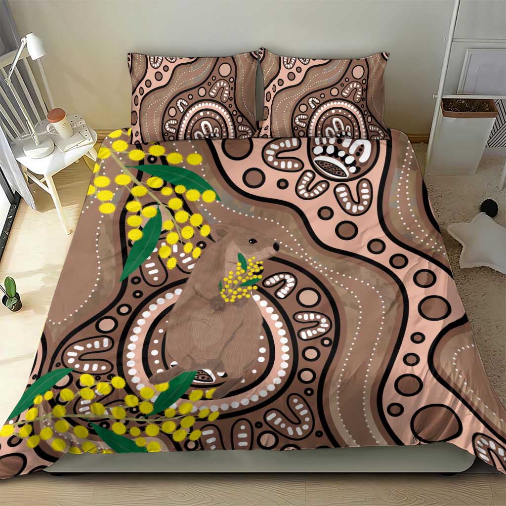 Australia Cute Quokka Bedding Set Indigenous Art With Golden Wattle