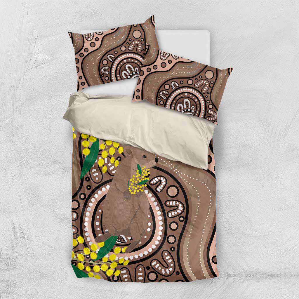 Australia Cute Quokka Bedding Set Indigenous Art With Golden Wattle
