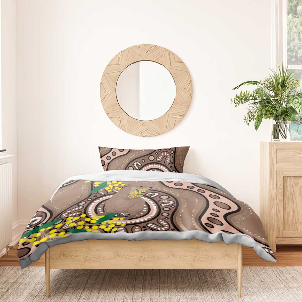 Australia Cute Quokka Bedding Set Indigenous Art With Golden Wattle
