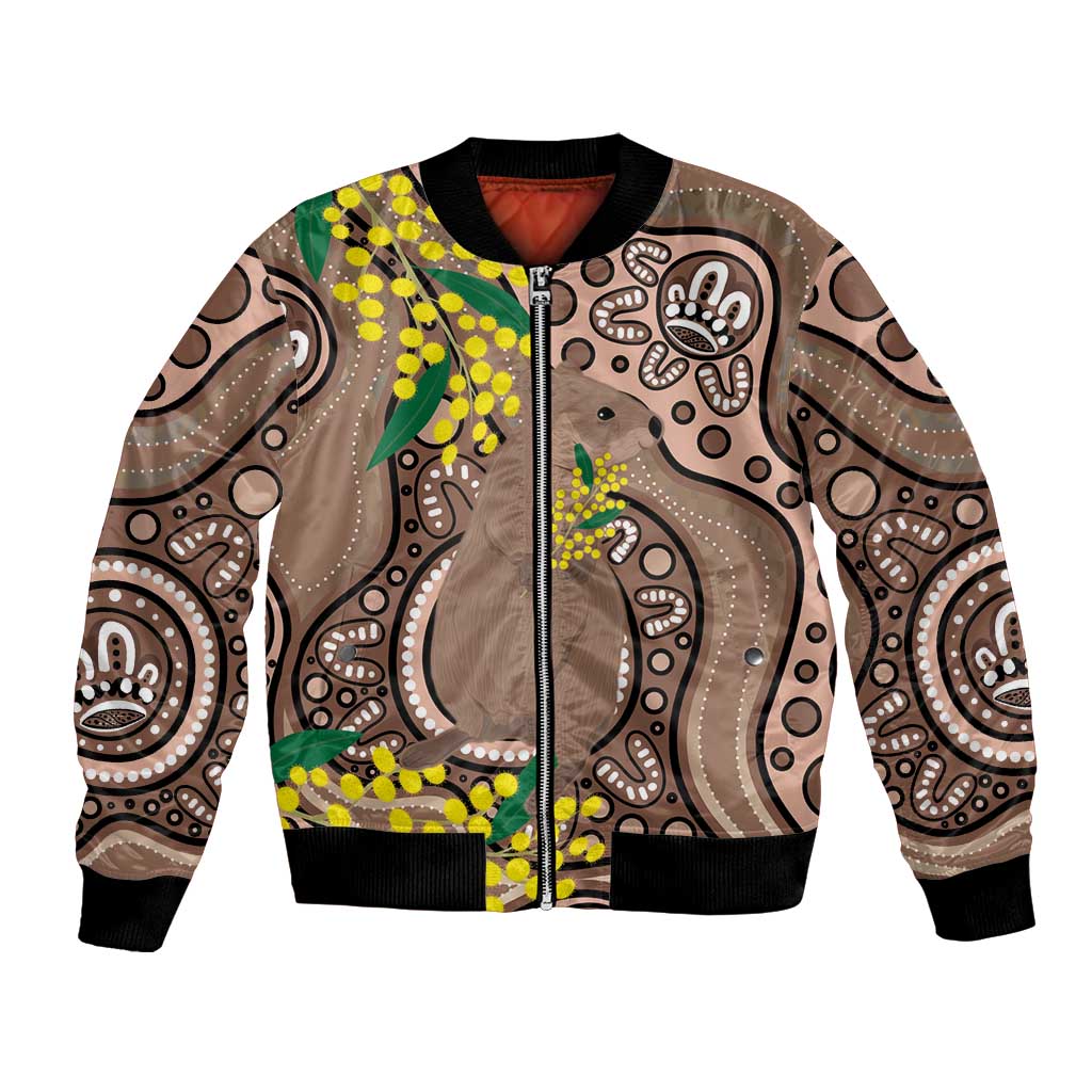 Australia Cute Quokka Bomber Jacket Indigenous Art With Golden Wattle