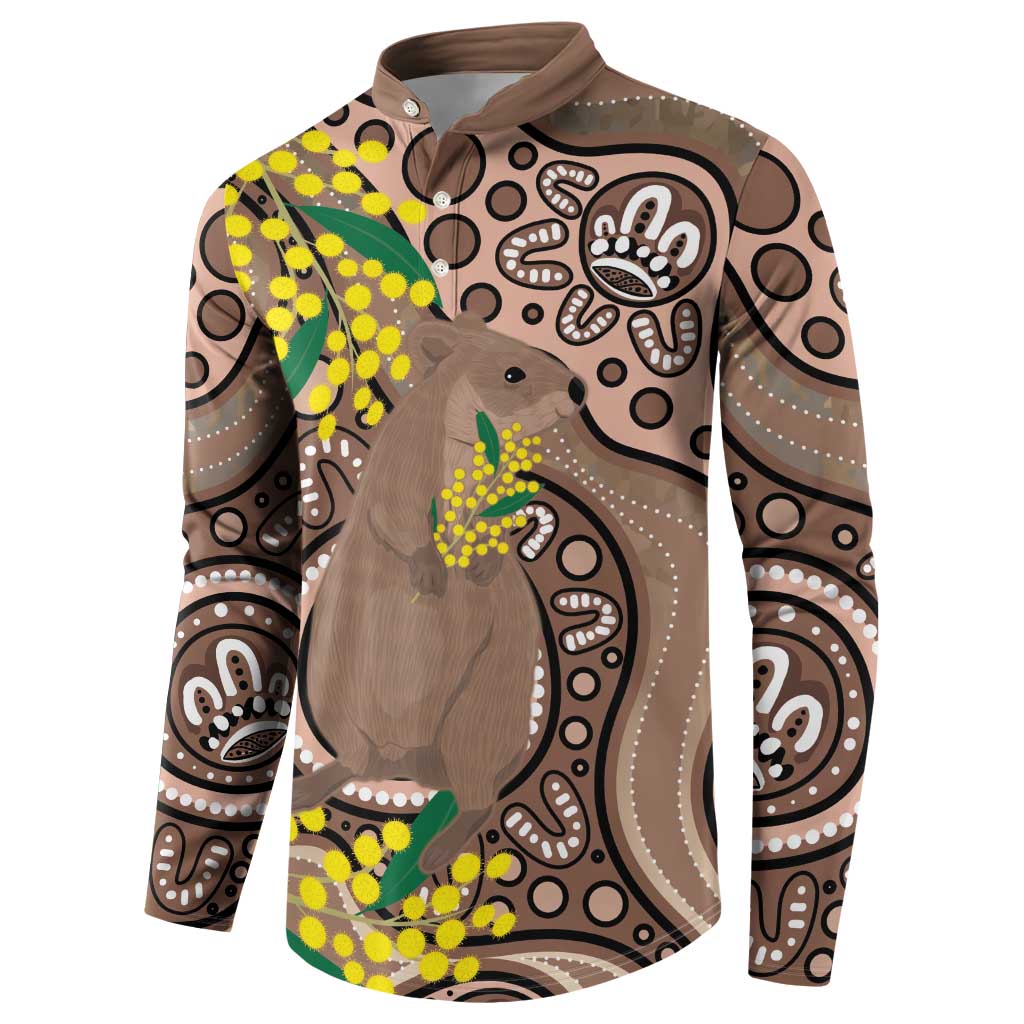 Australia Cute Quokka Button Sweatshirt Indigenous Art With Golden Wattle