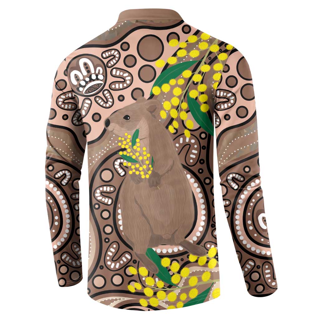 Australia Cute Quokka Button Sweatshirt Indigenous Art With Golden Wattle
