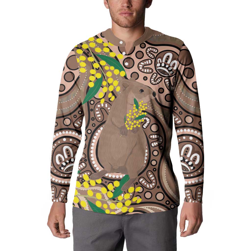 Australia Cute Quokka Button Sweatshirt Indigenous Art With Golden Wattle