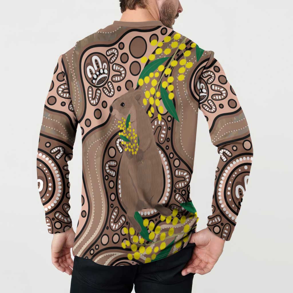 Australia Cute Quokka Button Sweatshirt Indigenous Art With Golden Wattle