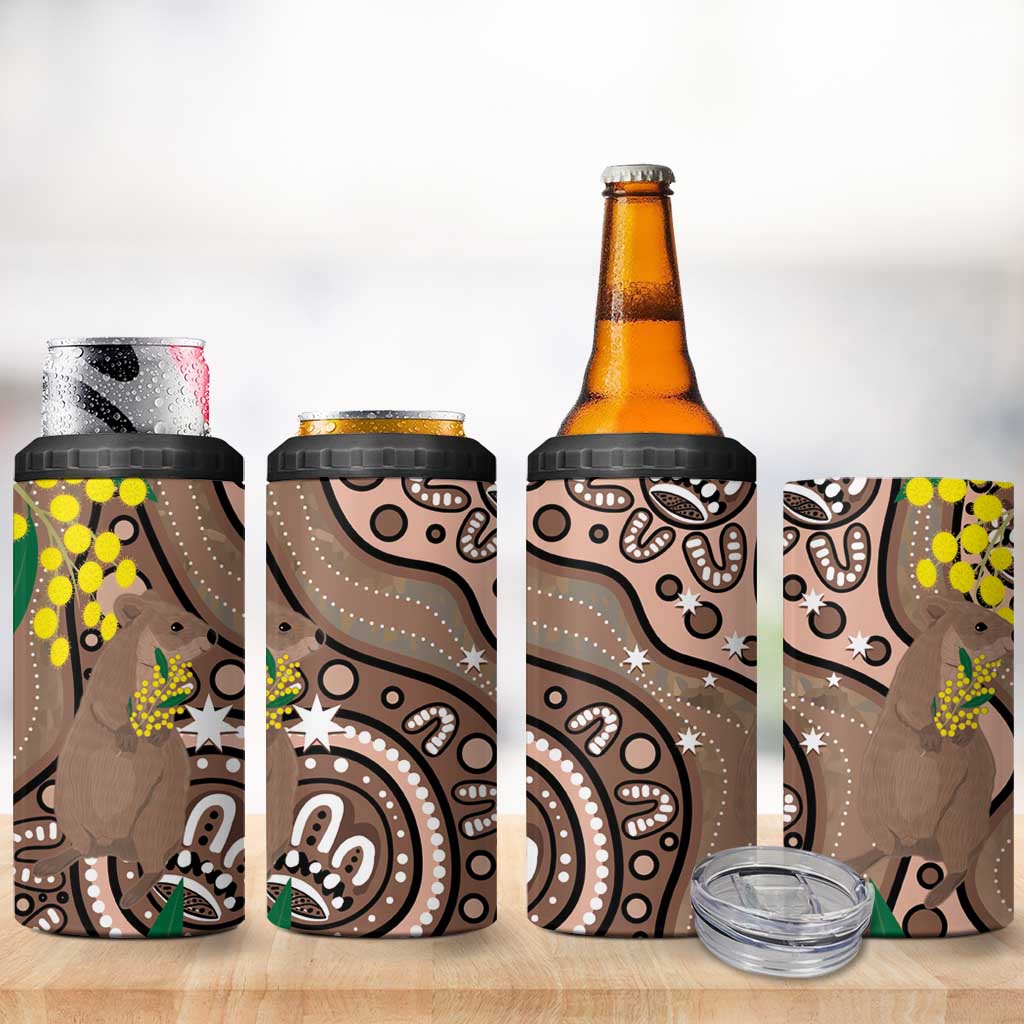 Australia Cute Quokka 4 in 1 Can Cooler Tumbler Indigenous Art With Golden Wattle
