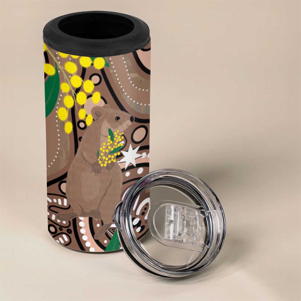 Australia Cute Quokka 4 in 1 Can Cooler Tumbler Indigenous Art With Golden Wattle