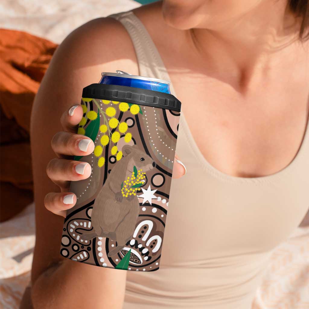 Australia Cute Quokka 4 in 1 Can Cooler Tumbler Indigenous Art With Golden Wattle