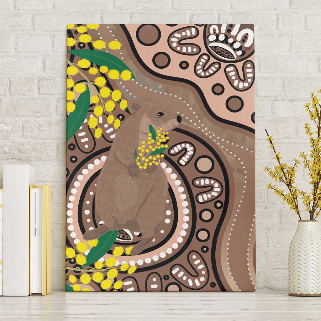 Australia Cute Quokka Canvas Wall Art Indigenous Art With Golden Wattle