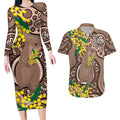 Australia Cute Quokka Couples Matching Long Sleeve Bodycon Dress and Hawaiian Shirt Indigenous Art With Golden Wattle