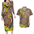 Australia Cute Quokka Couples Matching Long Sleeve Bodycon Dress and Hawaiian Shirt Indigenous Art With Golden Wattle