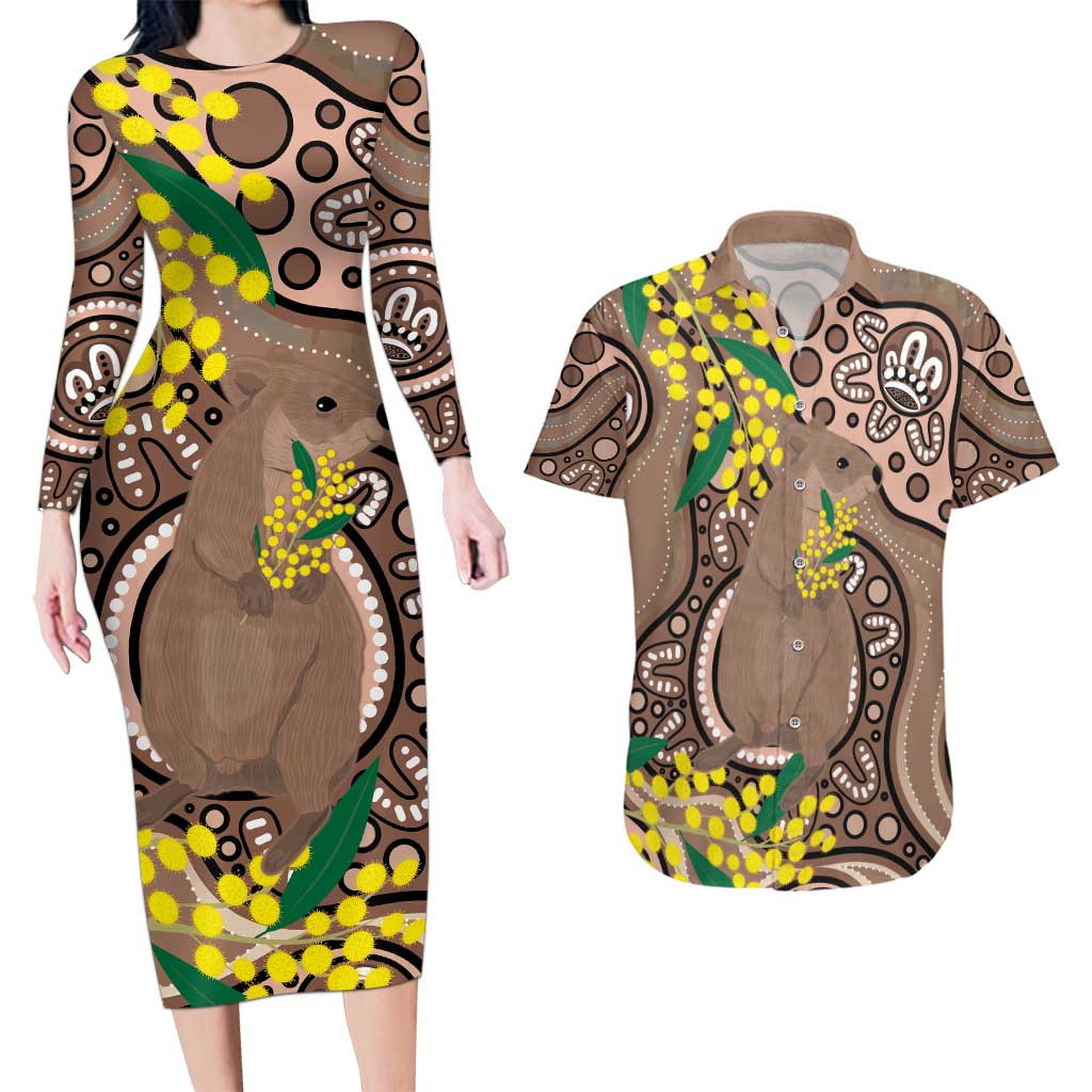 Australia Cute Quokka Couples Matching Long Sleeve Bodycon Dress and Hawaiian Shirt Indigenous Art With Golden Wattle