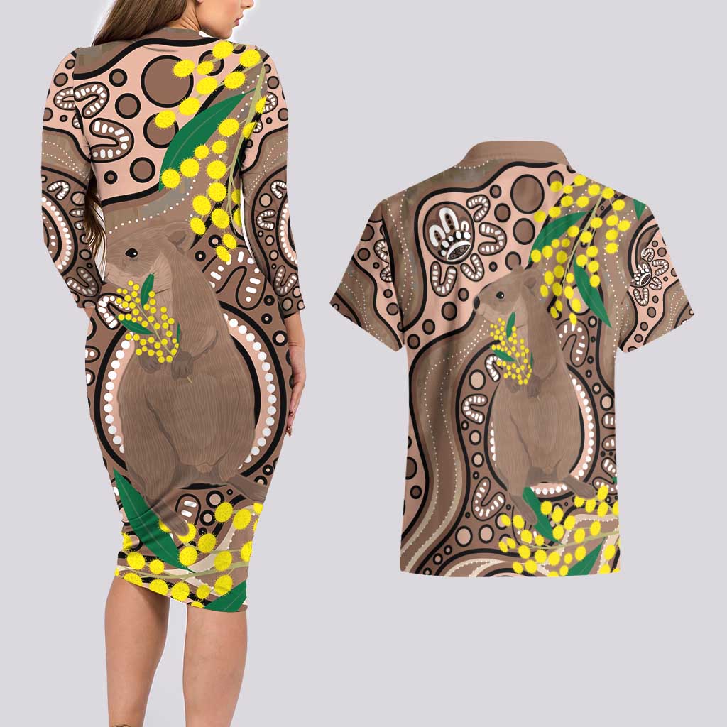 Australia Cute Quokka Couples Matching Long Sleeve Bodycon Dress and Hawaiian Shirt Indigenous Art With Golden Wattle