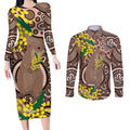 Australia Cute Quokka Couples Matching Long Sleeve Bodycon Dress and Long Sleeve Button Shirt Indigenous Art With Golden Wattle