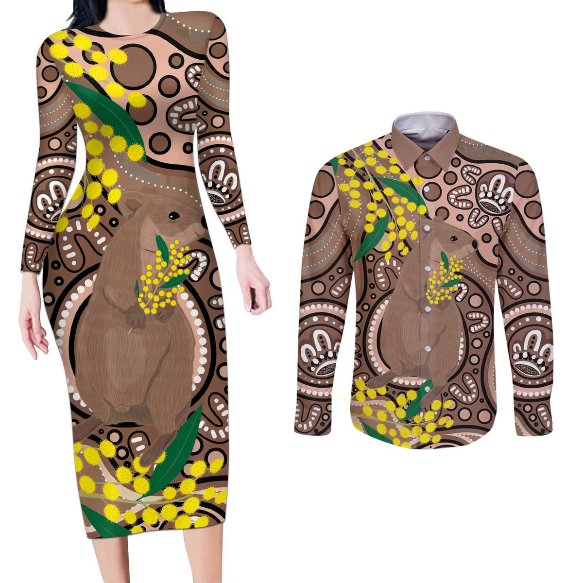 Australia Cute Quokka Couples Matching Long Sleeve Bodycon Dress and Long Sleeve Button Shirt Indigenous Art With Golden Wattle